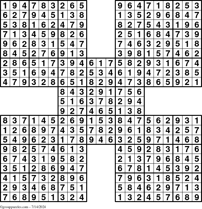 The grouppuzzles.com Answer grid for the Sudoku-by5 puzzle for Sunday July 14, 2024