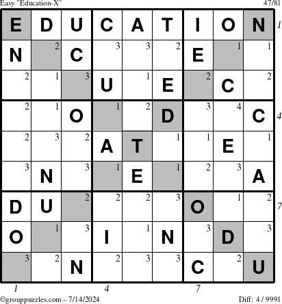 The grouppuzzles.com Easy Education-X puzzle for Sunday July 14, 2024 with all 4 steps marked