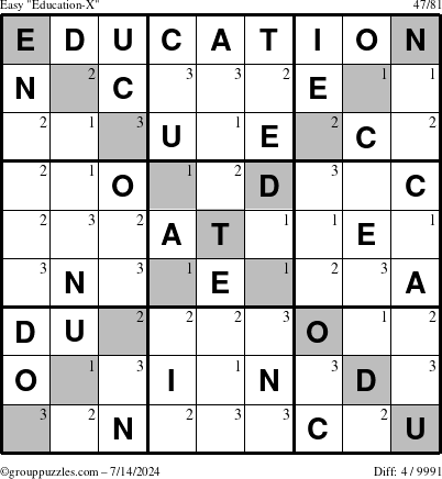 The grouppuzzles.com Easy Education-X puzzle for Sunday July 14, 2024 with the first 3 steps marked