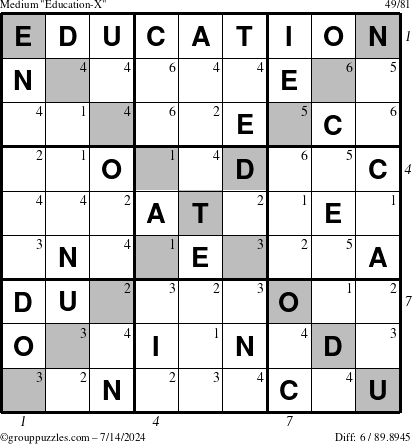 The grouppuzzles.com Medium Education-X puzzle for Sunday July 14, 2024, suitable for printing, with all 6 steps marked