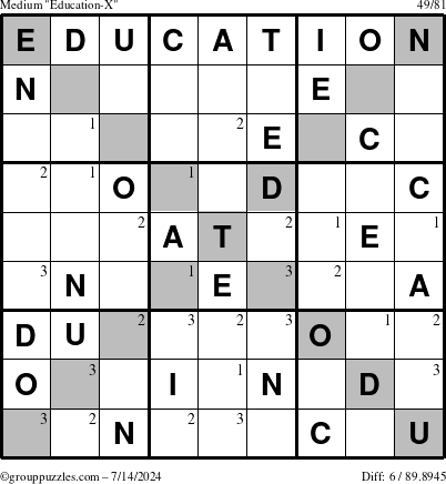 The grouppuzzles.com Medium Education-X puzzle for Sunday July 14, 2024 with the first 3 steps marked