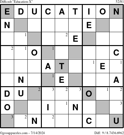 The grouppuzzles.com Difficult Education-X puzzle for Sunday July 14, 2024 with the first 3 steps marked