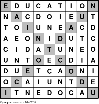 The grouppuzzles.com Answer grid for the Education-X puzzle for Sunday July 14, 2024