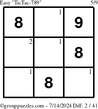 The grouppuzzles.com Easy TicTac-789 puzzle for Sunday July 14, 2024 with the first 2 steps marked