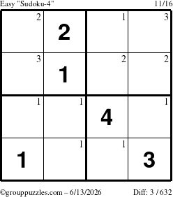 The grouppuzzles.com Easy Sudoku-4 puzzle for Saturday June 13, 2026 with the first 3 steps marked