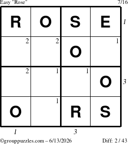 The grouppuzzles.com Easy Rose puzzle for Saturday June 13, 2026, suitable for printing, with all 2 steps marked