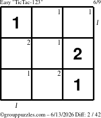The grouppuzzles.com Easy TicTac-123 puzzle for Saturday June 13, 2026 with all 2 steps marked