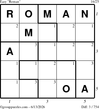 The grouppuzzles.com Easy Roman puzzle for Saturday June 13, 2026, suitable for printing, with all 3 steps marked