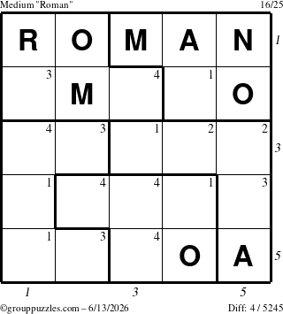 The grouppuzzles.com Medium Roman puzzle for Saturday June 13, 2026 with all 4 steps marked
