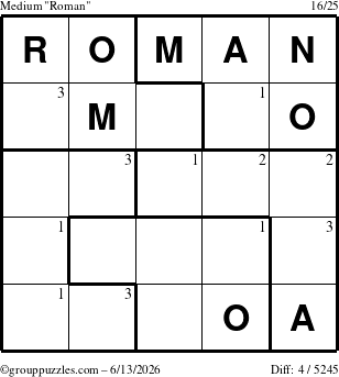 The grouppuzzles.com Medium Roman puzzle for Saturday June 13, 2026 with the first 3 steps marked