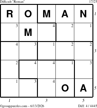 The grouppuzzles.com Difficult Roman puzzle for Saturday June 13, 2026, suitable for printing, with all 4 steps marked
