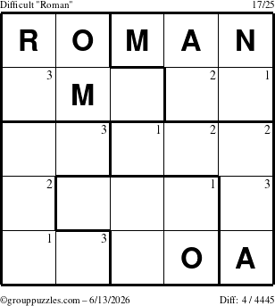 The grouppuzzles.com Difficult Roman puzzle for Saturday June 13, 2026 with the first 3 steps marked