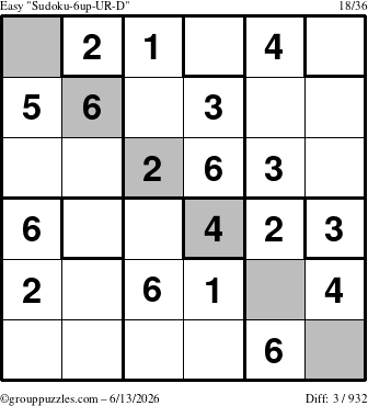 The grouppuzzles.com Easy Sudoku-6up-UR-D puzzle for Saturday June 13, 2026