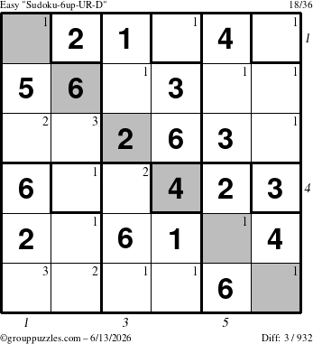 The grouppuzzles.com Easy Sudoku-6up-UR-D puzzle for Saturday June 13, 2026 with all 3 steps marked