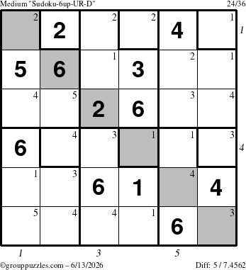 The grouppuzzles.com Medium Sudoku-6up-UR-D puzzle for Saturday June 13, 2026, suitable for printing, with all 5 steps marked