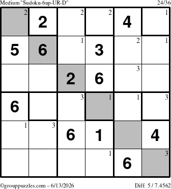The grouppuzzles.com Medium Sudoku-6up-UR-D puzzle for Saturday June 13, 2026 with the first 3 steps marked