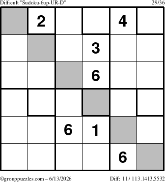 The grouppuzzles.com Difficult Sudoku-6up-UR-D puzzle for Saturday June 13, 2026