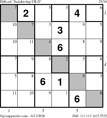 The grouppuzzles.com Difficult Sudoku-6up-UR-D puzzle for Saturday June 13, 2026, suitable for printing, with all 11 steps marked