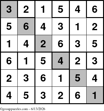 The grouppuzzles.com Answer grid for the Sudoku-6up-UR-D puzzle for Saturday June 13, 2026