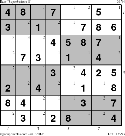 The grouppuzzles.com Easy SuperSudoku-8 puzzle for Saturday June 13, 2026 with all 3 steps marked
