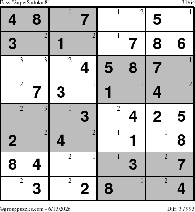 The grouppuzzles.com Easy SuperSudoku-8 puzzle for Saturday June 13, 2026 with the first 3 steps marked