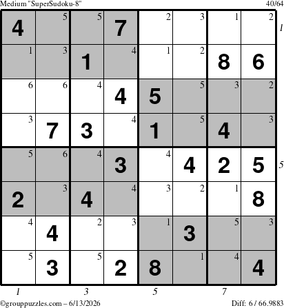 The grouppuzzles.com Medium SuperSudoku-8 puzzle for Saturday June 13, 2026 with all 6 steps marked