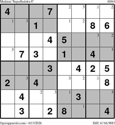 The grouppuzzles.com Medium SuperSudoku-8 puzzle for Saturday June 13, 2026 with the first 3 steps marked