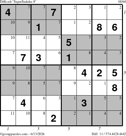 The grouppuzzles.com Difficult SuperSudoku-8 puzzle for Saturday June 13, 2026 with all 11 steps marked