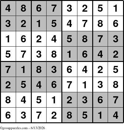 The grouppuzzles.com Answer grid for the SuperSudoku-8 puzzle for Saturday June 13, 2026