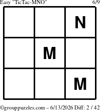 The grouppuzzles.com Easy TicTac-MNO puzzle for Saturday June 13, 2026