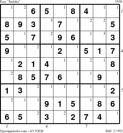 The grouppuzzles.com Easy Sudoku puzzle for Saturday June 13, 2026, suitable for printing, with all 3 steps marked