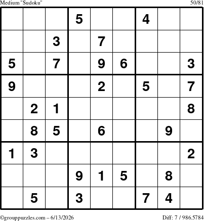 The grouppuzzles.com Medium Sudoku puzzle for Saturday June 13, 2026