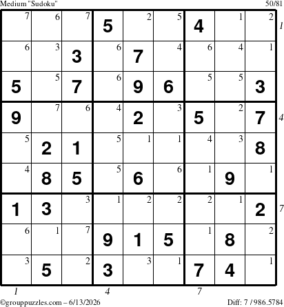 The grouppuzzles.com Medium Sudoku puzzle for Saturday June 13, 2026, suitable for printing, with all 7 steps marked