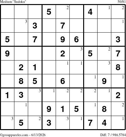 The grouppuzzles.com Medium Sudoku puzzle for Saturday June 13, 2026 with the first 3 steps marked