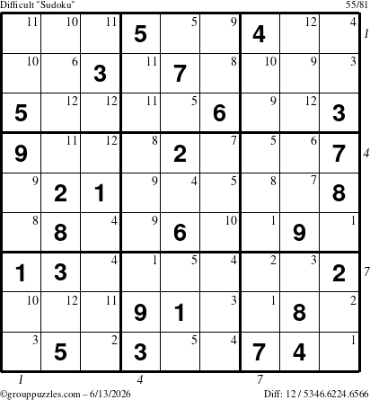 The grouppuzzles.com Difficult Sudoku puzzle for Saturday June 13, 2026, suitable for printing, with all 12 steps marked
