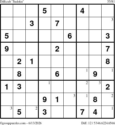 The grouppuzzles.com Difficult Sudoku puzzle for Saturday June 13, 2026 with the first 3 steps marked