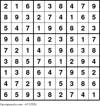 The grouppuzzles.com Answer grid for the Sudoku puzzle for Saturday June 13, 2026