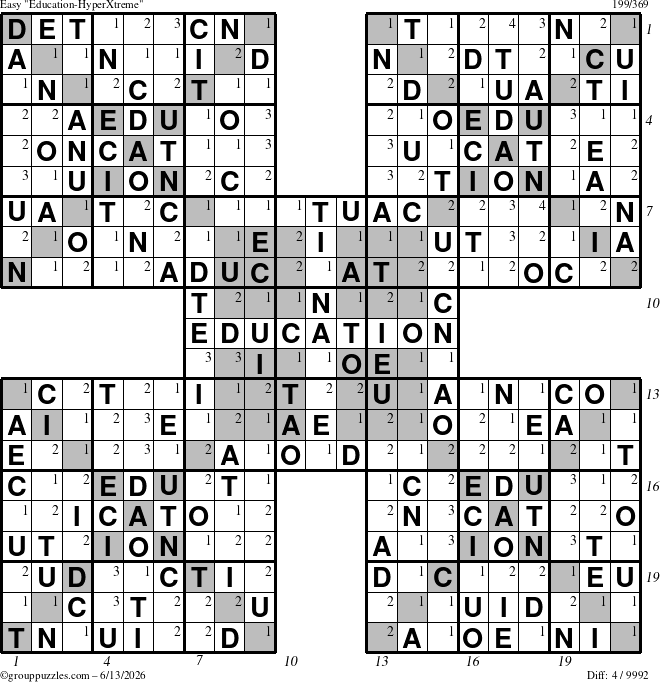 The grouppuzzles.com Easy Education-HyperXtreme puzzle for Saturday June 13, 2026, suitable for printing, with all 4 steps marked