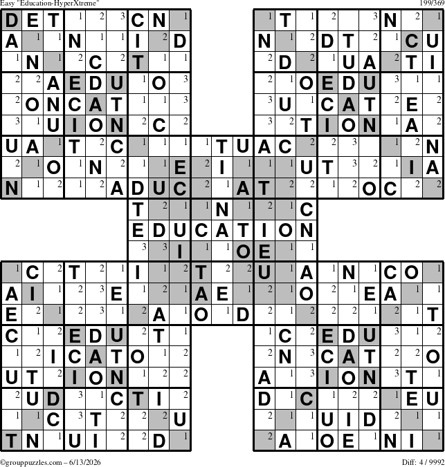 The grouppuzzles.com Easy Education-HyperXtreme puzzle for Saturday June 13, 2026 with the first 3 steps marked