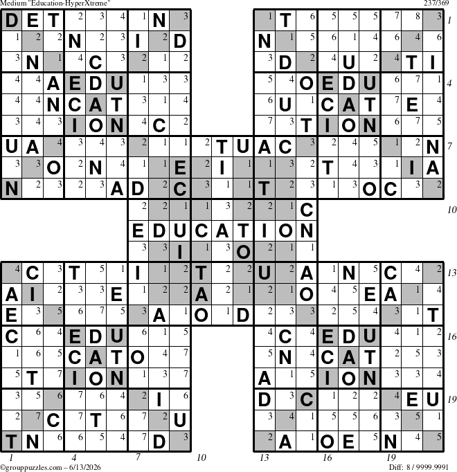 The grouppuzzles.com Medium Education-HyperXtreme puzzle for Saturday June 13, 2026, suitable for printing, with all 8 steps marked