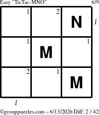 The grouppuzzles.com Easy TicTac-MNO puzzle for Saturday June 13, 2026, suitable for printing, with all 2 steps marked
