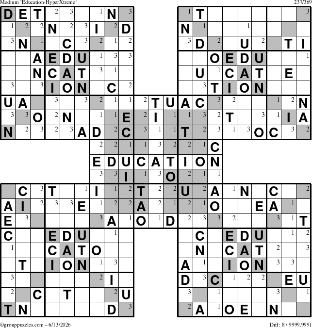 The grouppuzzles.com Medium Education-HyperXtreme puzzle for Saturday June 13, 2026 with the first 3 steps marked