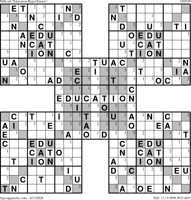 The grouppuzzles.com Difficult Education-HyperXtreme puzzle for Saturday June 13, 2026 with the first 3 steps marked