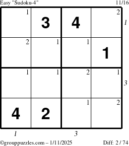 The grouppuzzles.com Easy Sudoku-4 puzzle for Saturday January 11, 2025 with all 2 steps marked