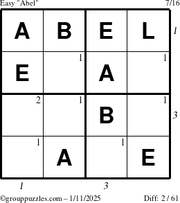 The grouppuzzles.com Easy Abel puzzle for Saturday January 11, 2025, suitable for printing, with all 2 steps marked