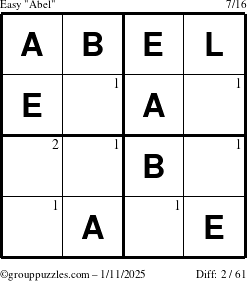 The grouppuzzles.com Easy Abel puzzle for Saturday January 11, 2025 with the first 2 steps marked