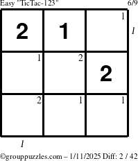 The grouppuzzles.com Easy TicTac-123 puzzle for Saturday January 11, 2025 with all 2 steps marked