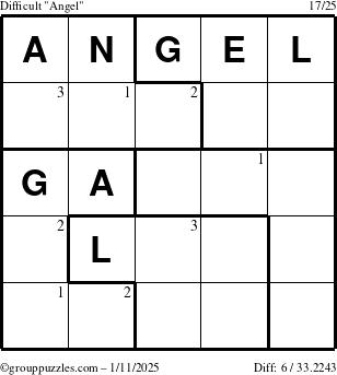 The grouppuzzles.com Difficult Angel puzzle for Saturday January 11, 2025 with the first 3 steps marked