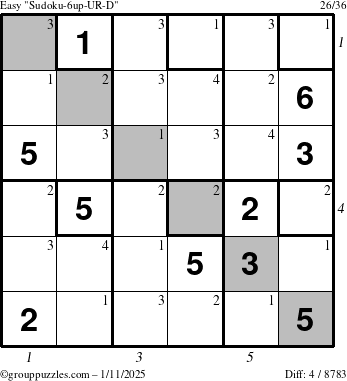 The grouppuzzles.com Easy Sudoku-6up-UR-D puzzle for Saturday January 11, 2025 with all 4 steps marked