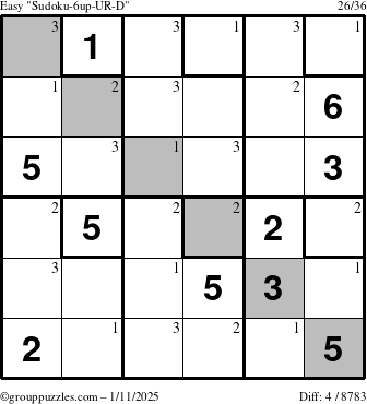 The grouppuzzles.com Easy Sudoku-6up-UR-D puzzle for Saturday January 11, 2025 with the first 3 steps marked